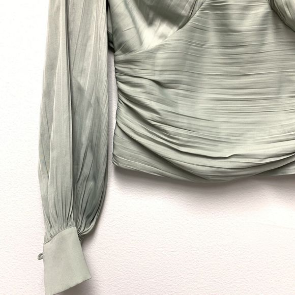Anthropologie Open Back Corset Style Blouson Sleeve Blouse XXS Silky Ruched Mint - Picture 7 of 12